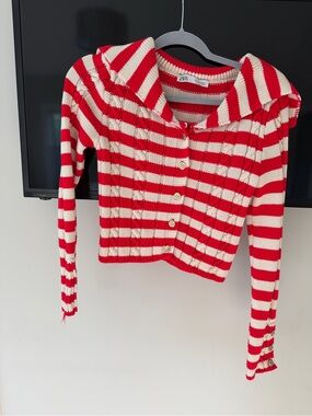 Zara Red & White Striped Button-Up Knit Cardigan